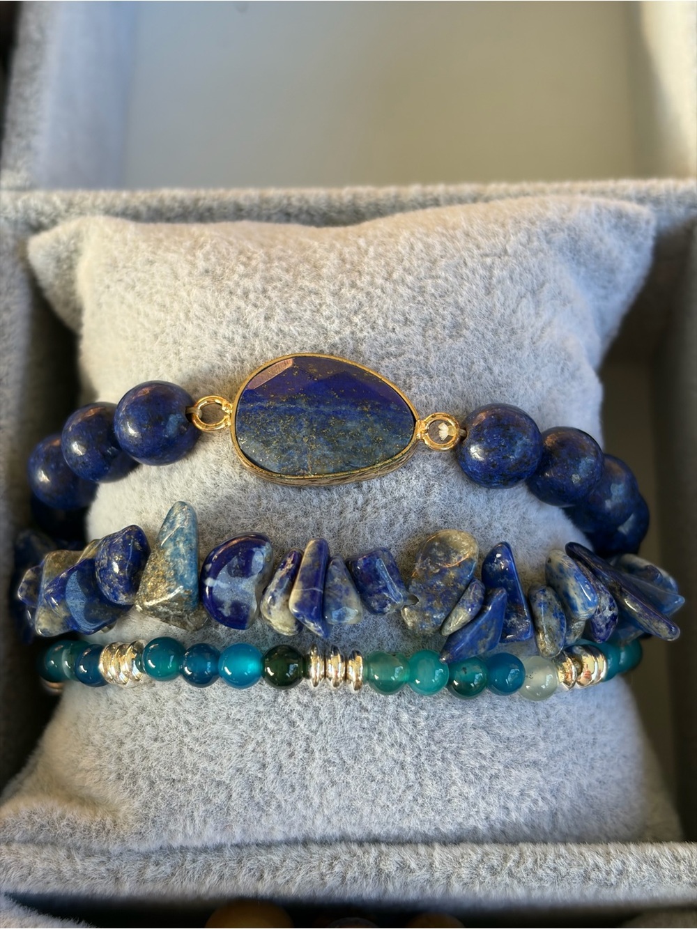 Lapis and Agate Beaded Bracelet Set - Blue Gemstone Stack